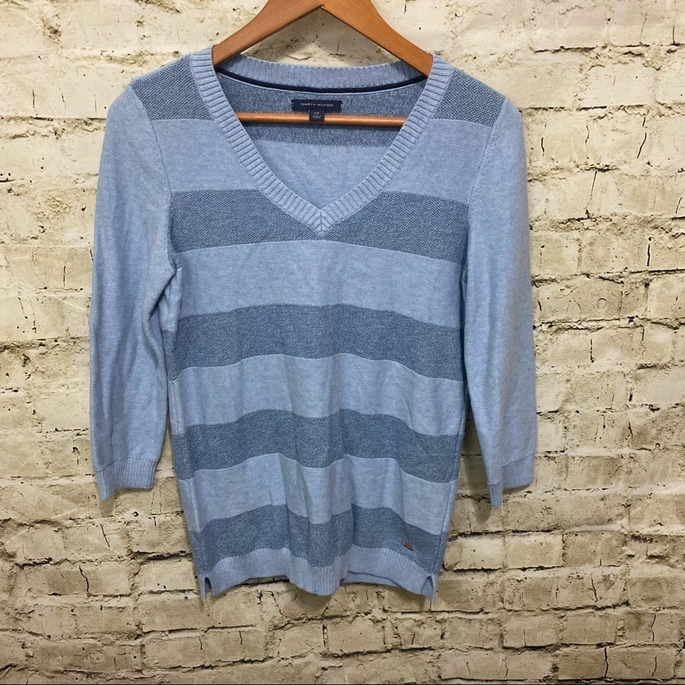 Tommy Hilfiger Blue Striped Knit V Neck Pullover Sweater
